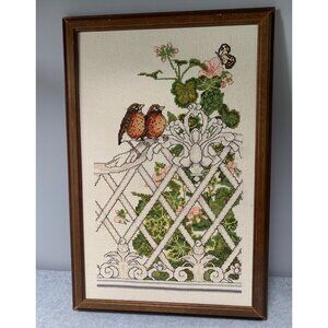 Vintage Framed Needlepoint Birds On Trellis Butterfly & Floral Design 12.5x19 In